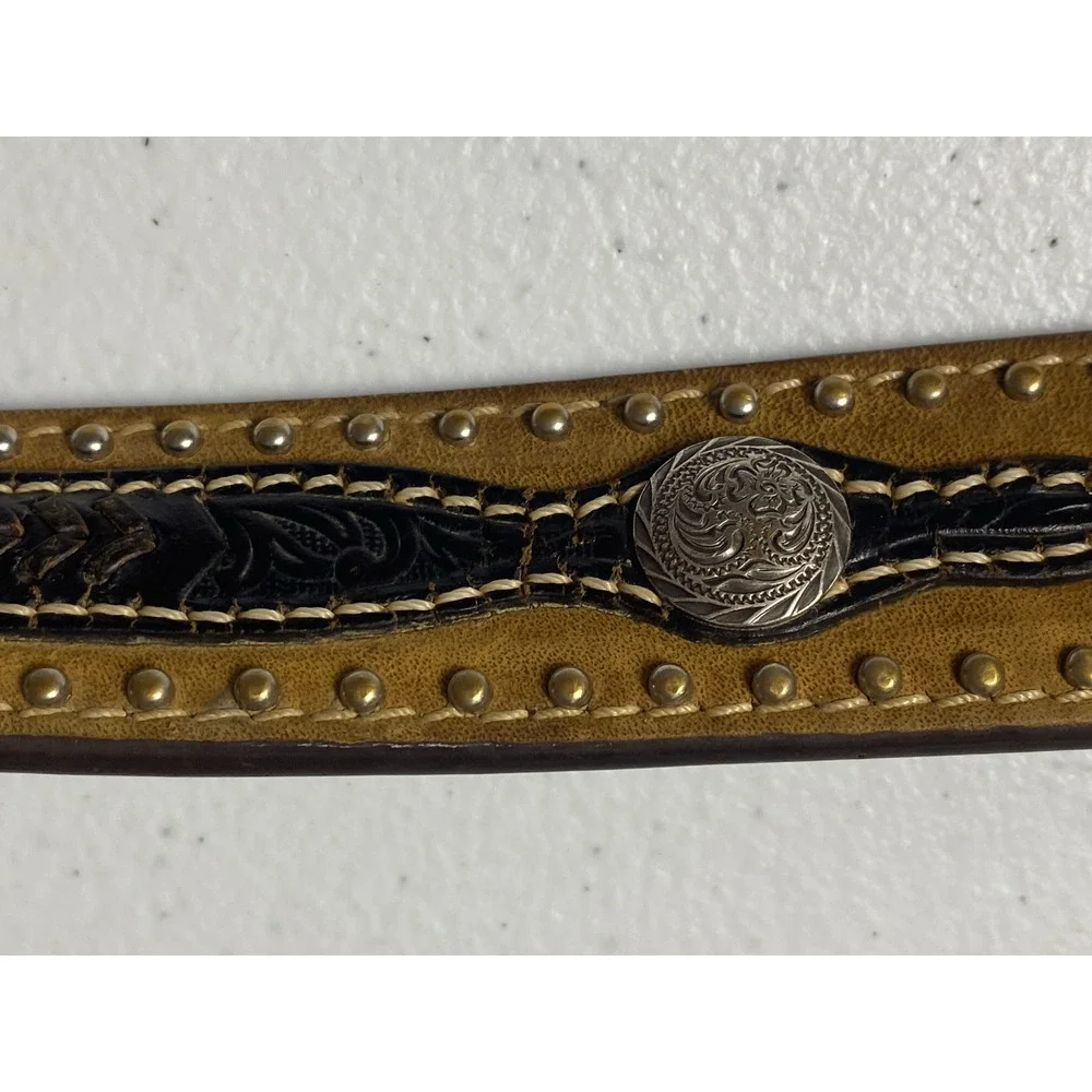 Cavender's Brown Leather Belt with Rodeo Champion 2012 Coin Buckle Men's Size 30